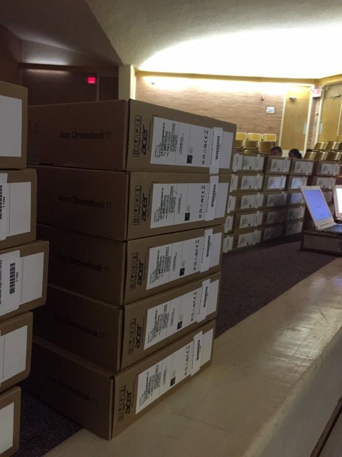 Chromebooks before being checked out to students.