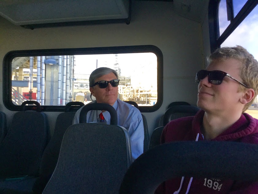 David Maxey and Carson Stone take in the scenery on the tour bus during the trip. 