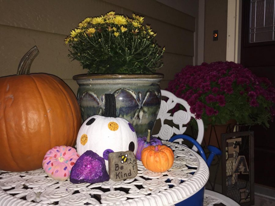 My front porch with pumpkins and plants