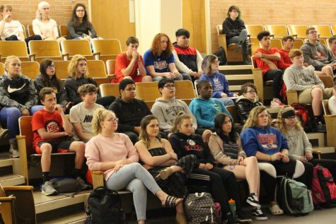 MHS students watching a Skype with a Holocaust survivor.