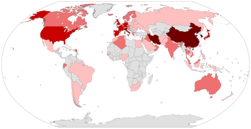 Corona Virus spread as of March 2, 2020 from https://commons.wikimedia.org/wiki/File:COVID-19_Outbreak_World_Map.svg