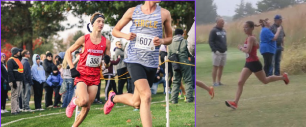 Caleb Muehler and Lexi Patterson running at a cross country meet