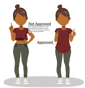 Photo of acceptable vs non-acceptable clothing options, provided by Comal Independent School District